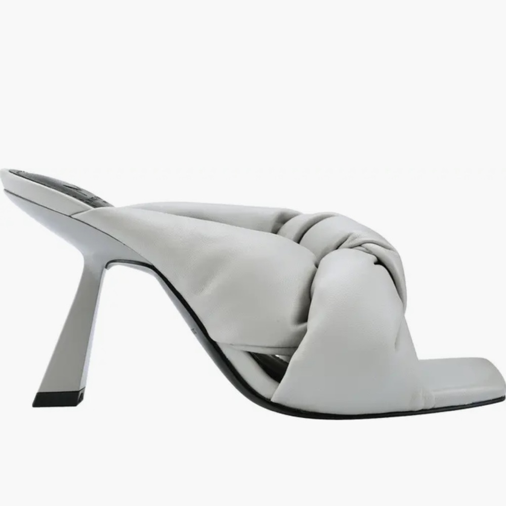 🆕MARC FISHER Womens Light Gray Dellian Square Toe Slip On Leather Heeled Sandal